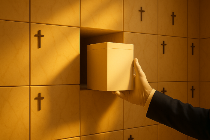 Mão colocando urna em um nicho de columbário